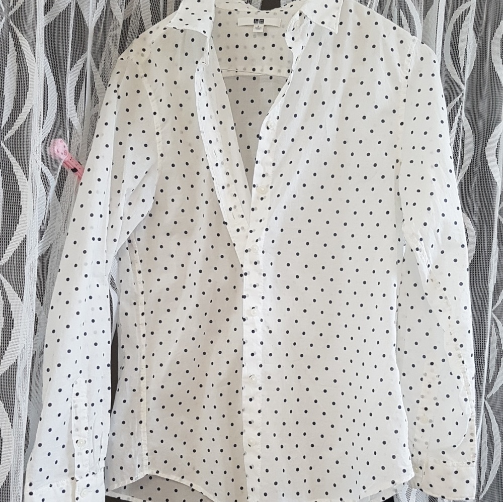 White with black polka dot button up shirt